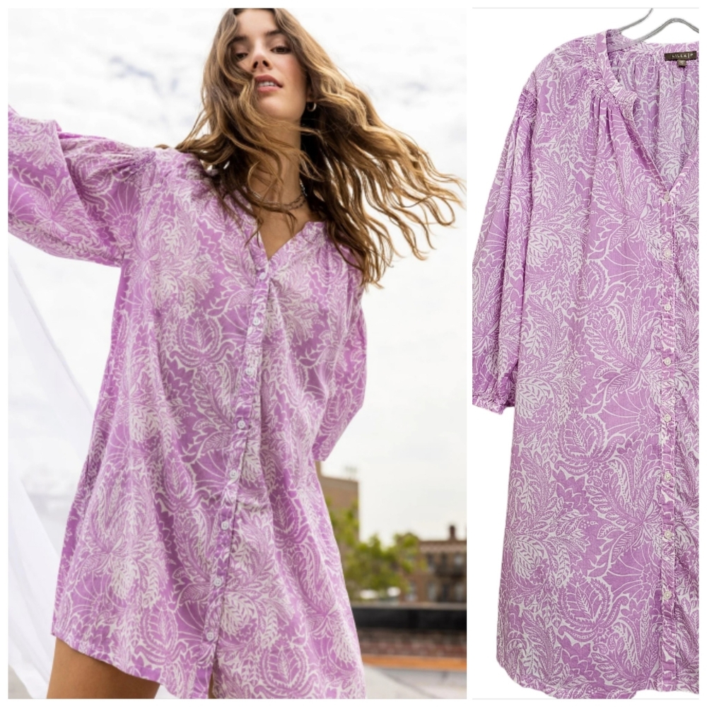 Nwot Lilla P Lilac White Floral Print Bracelet Sleeve Button Down Dress …